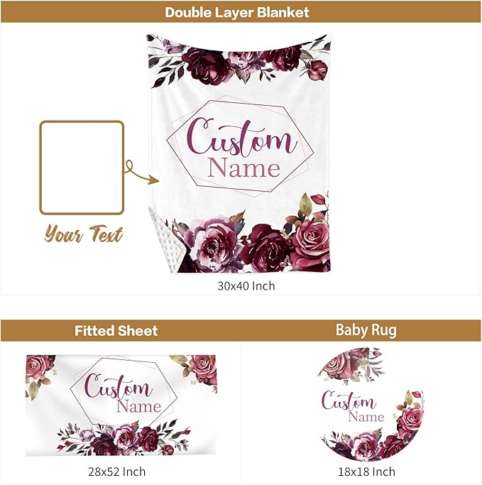Custom Baby Crib Bedding Set, 3 Pcs Personalized Nursery Bedding Set with Name, Soft Baby Bedding Crib Sets with Blanket - Toddler Crib Sets for Girls Boys, Infant Newborn Gifts, Red Rose