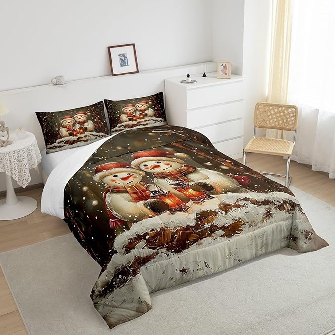 Manfei Kawaii Snowman Kids Comforter Set Queen Size,Dead Tree Winter Snow Romantic Bedding Set,Boys Girls Room Decor,Merry Christmas Down Comforter,Black White Duvet Insert,2 Pillowcases
