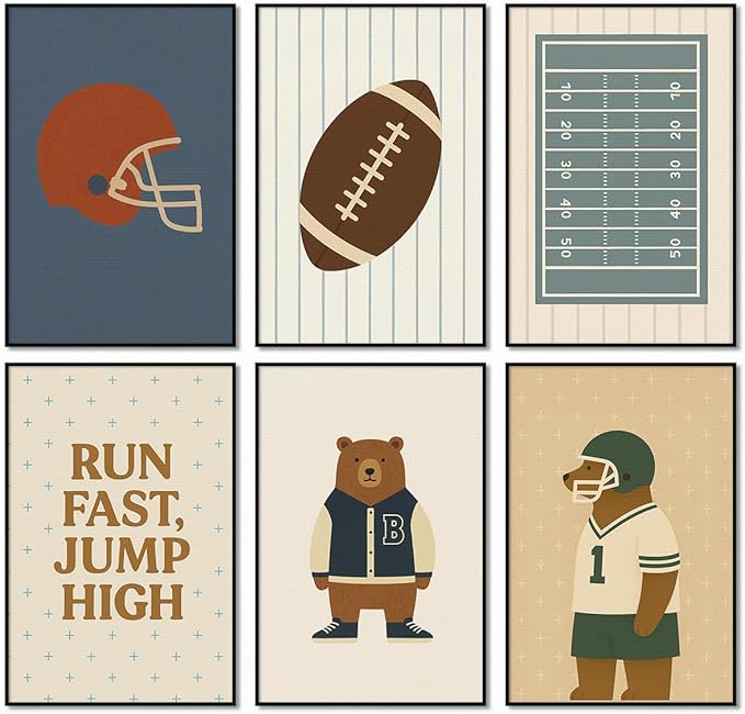 Football Poster Canvas, Baby Boy Sports Nursery Wall Art, Animal Bear Athletes Pictures, Run Fast Jump High Charming Quote Print, Kids Bedroom Soccer Equipment & Field Decor 8x12in Wrapped Canvas