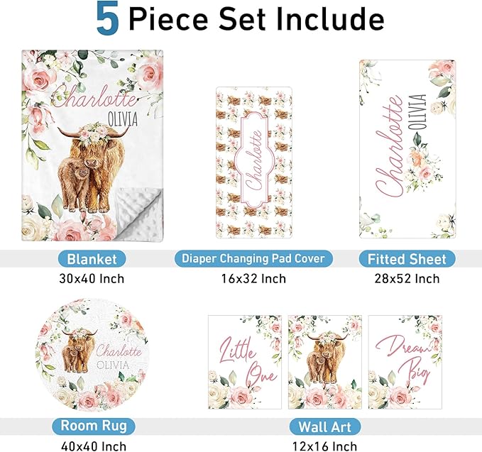 Personalized Baby Bedding Set: 5 Piece Custom Gift Rose Highland Cow Crib Bed Set with Name, Nursery Bedding Set for Baby Girls and Boys, Floral Crib Bedding Gifts (Fixed Size)