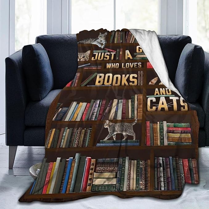 Cute Cat Blanket Just a Girl Who Loves Books and Cats Throw Blankets for Kids Teens Adults Warm Soft Lightweight Plush Funny Animal Print Fleece Flannel Throws Bedding Reading Gifts for Girls 60"x50"