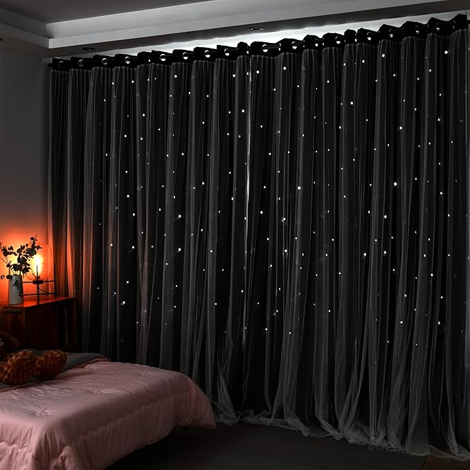 Kinryb Kids Blackout Curtains for Bedroom/Living Room/Classroom, Sheer Overlay 2 Free Tiebacks, Double Layer Curtains with Star Cutout for Kids Room(Each Piece W 70 x L 72 Inches 2 Pcs Black)