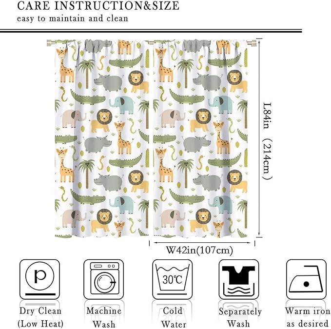 Nursery Safari Animals Window Curtains,Cartoon Woodland Jungle Forest Lion Elephant Giraffe Printed Pattern Blackout Drapes for Living Room Baby Boy Kids Bedroom 84x84in