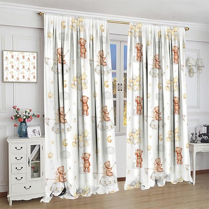 Cartoon Bear Curtains, Cute Lovely Bear Star Cloud Ballon Pastel Blackout Window Treatments, Rod Pocket Thermal Insulated Drapes 2 Panel Sets for Kids Bedroom Nursery Classroom, 52" W X 84" L