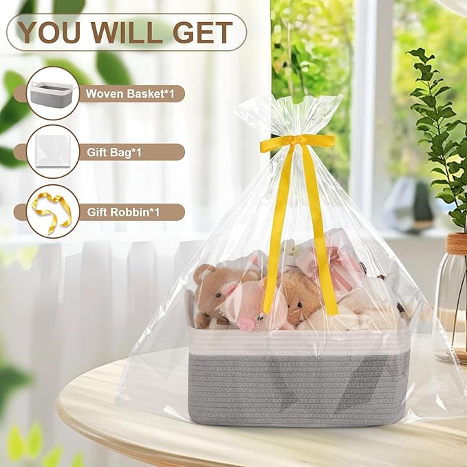 OIAHOMY Woven Rope Basket with Gift Bags and Ribbons, Gift Basket Empty for Baby Shower Birthday, Halloween, Christmas, Cute Cat Ear Handles for Shelf Living Room Bathroom, Grey & White,19L