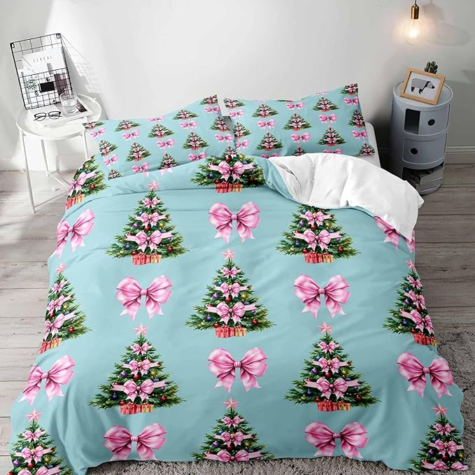 LUVIVIHOME 3PCS Pink Bow Christmas Tree Duvet Cover Full Bedding Set, Teen Girl Bedding, Blue Duvet Cover, Winter Holiday Kids Christmas Comforter Cover, Coquette Room Decor Aesthetic, 2 Pillow Cases
