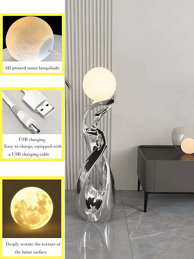 Bofea-Modern Standing Lamp for Living Room Minimalist Floor Lamps with Silver Resin Lamp Body,Creative Dancing Girls Statue Tall Standing Lamps,Unique Moon Floor Lights for Bedroom Home Decor
