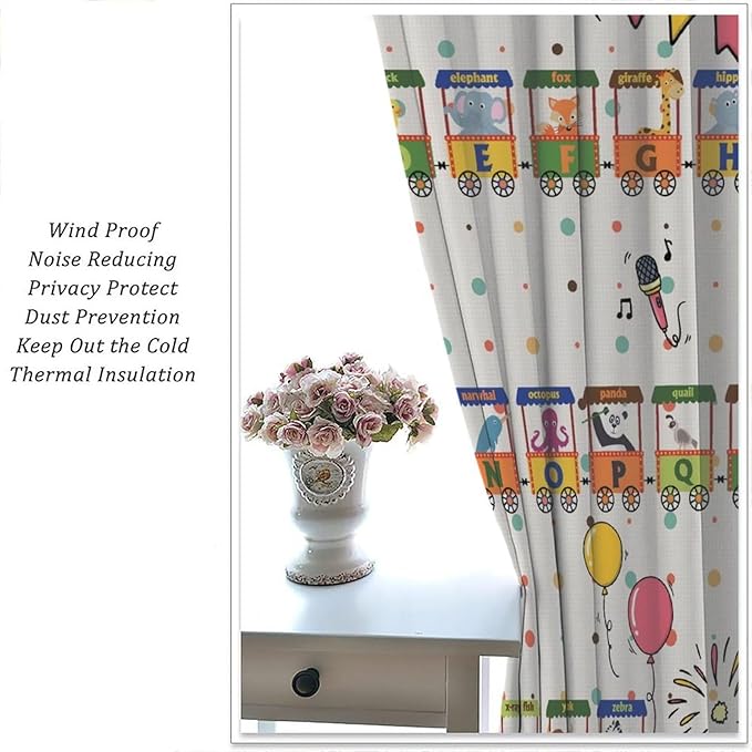 Alphabet Train Kids Curtain Animals Alphabet Children Teens Early Learning Printed Rod Pocket Blackout Window Treatments for Classroom Bedroom Nursery Playroom 42" W X 45" L