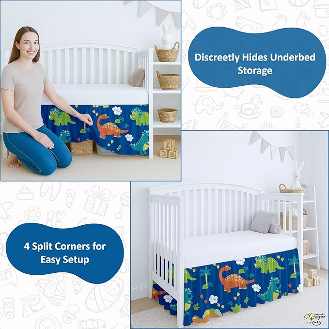 Cottington Lane Crib Skirt Dust Ruffle, 100% Natural Cotton, Soft, Durable Nursery Crib Toddler Bedding Skirt for Baby Girls or Boys, Fits Standard Cribs 28" x 52" with 14" Drop, Blue Dinosaur