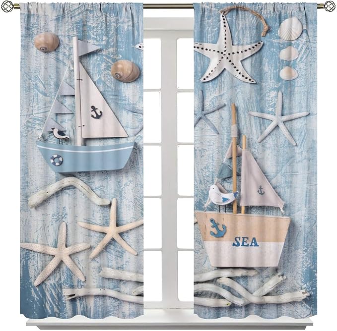 Nautical Curtain,Navy Anchor Sailing Map Starfish Seashells Bedroom Curtain,Waterproof Washable Fabric for Bedroom Decor Set 2 Panels,84x84 Inches