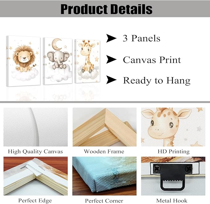 DOARTDO Nursery Animal Canvas Wall Art Baby Animal Pictures 3 Pieces Cute Elephant Lion Giraffe Print Painting Kids Room Nursery Decor Frame (16x24inchx3Pcs)
