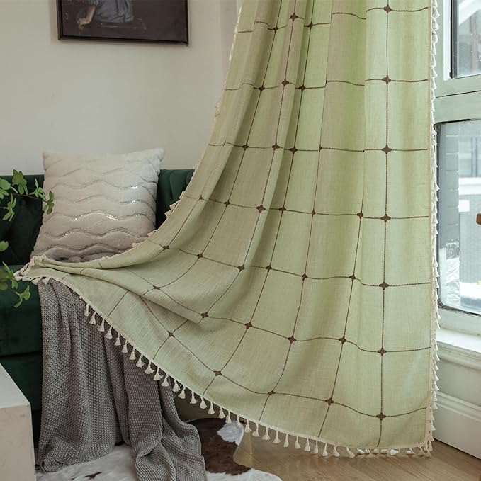 Deeprove Green Boho Curtains for Bedroom 84 Inches Long, Sage Checkered Bohemian Chic Textured Embroidery Plaids, Vintage Tassels Country Decor Drapery, Rod Pocket, 1 Panel W52 x L84, Light Mint