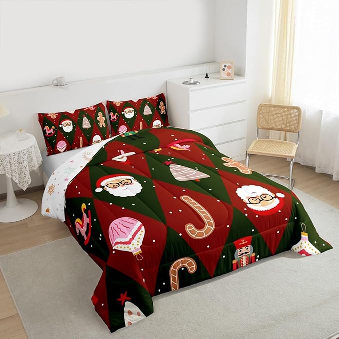 Feelyou Merry Christmas Bedding Set Soft for Boys Girls, Santa Claus Comforter Set Twin Size Xmas Tree Nutcracker soldier Duvet Quilt Microfiber Gingerbread Man Bedroom Decor 2 Pcs with 1 Pillow Cases