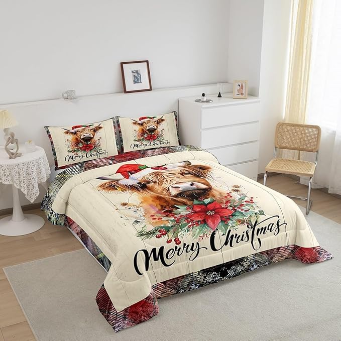 Castle Fairy Christmas Highland Cattle Comforter Set Toddler Size,Red Xmas Flowers Pine Trees Bedding Set for Kids Boys,Rustic Farm Western Animal Wooden Red Green Plaid Quilted Set with 1 Pillowcase