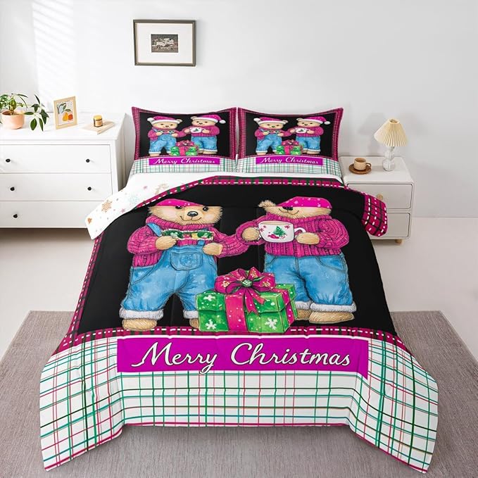 Feelyou Merry Christmas Kids Comforter Set Toddler Size Cute Bear Bedding Set Duvet Quilt for Kids Boys Girls Bedroom Winter Decor Microfiber Ultra Soft Breathable