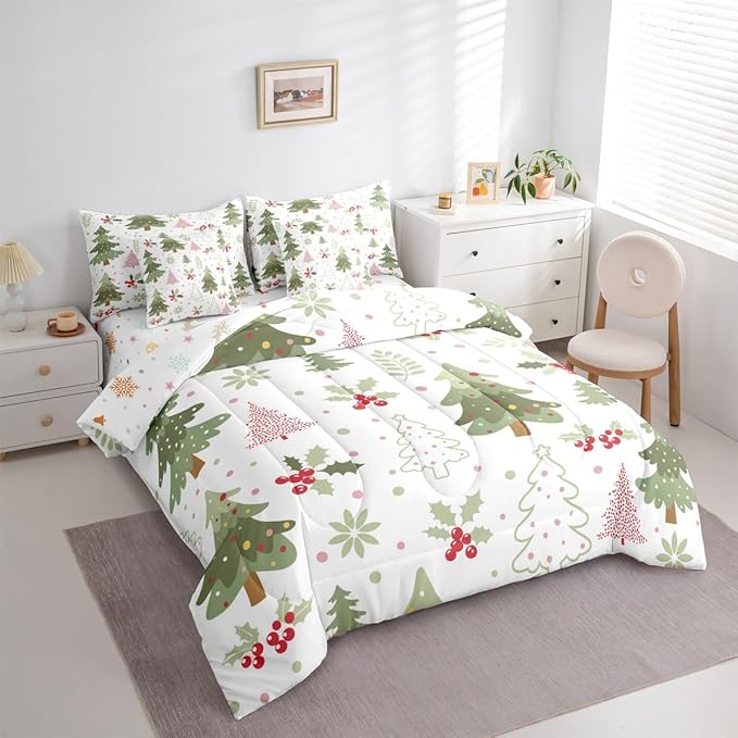 Erosebridal Kids Cartoon Christmas Bed in A Bag 7 Pcs Kawaii Christmas Tree Comforter Set for Women Men Cute Xmas Pine Tree Bedding Sets King Red Berry Xmas Decoration Sheet Set with Comforter