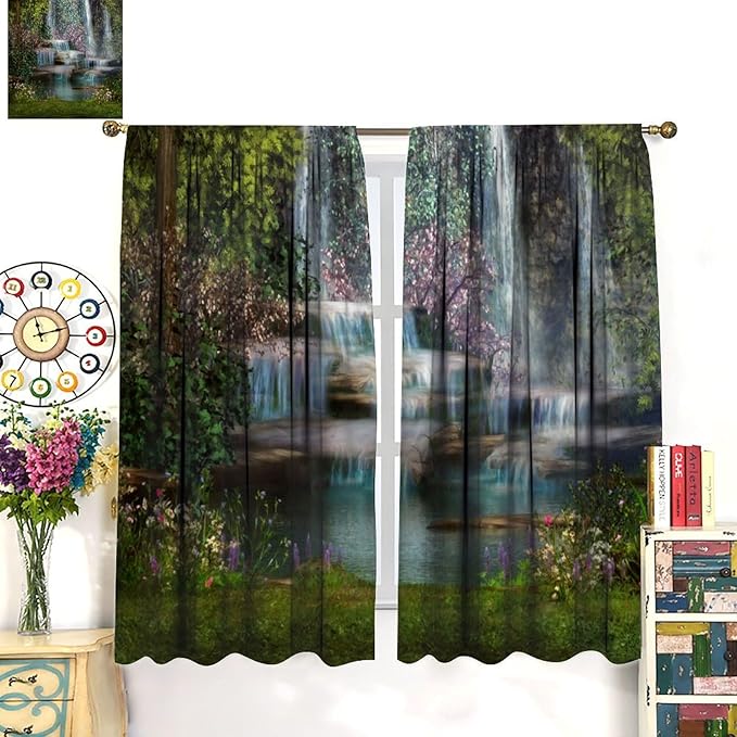 Natural Waterfall Blackout Window Curtains, Waterfalls Flowers Trees Landscape Window Drapes, for Living Room Bedroom 55" W X 63" L