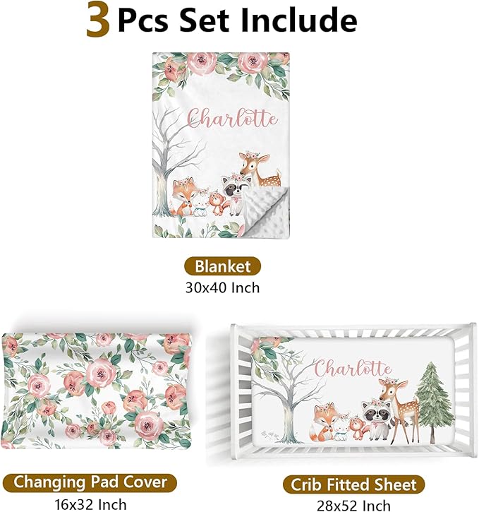 Custom Name Crib Bedding Set, 3 Pcs Personalized Baby Crib Bedding Set, Soft Pink Forest Animals Nursery Crib Sets for Boys Girls, Double Layer Toddler Bedding Set Customized Gifts for Newborn