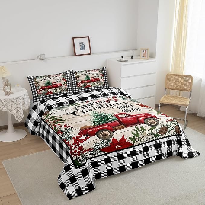 Manfei Red Truck Comforter Set Twin Size, Christmas Theme New Year Quilt Set with 1 Pillowcase, Grey Plaid Print Bedding Set 2pcs for Kids Boys Girls Bedroom Decor