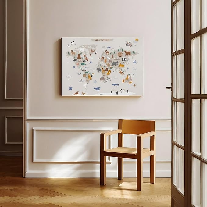 KIPNG Kids World Map - Playroom Animal World Map - Nursery Educational Poster Canvas Poster Bedroom Sports Landscape Office Room Gift Frame-style20x30inch(50x75cm)