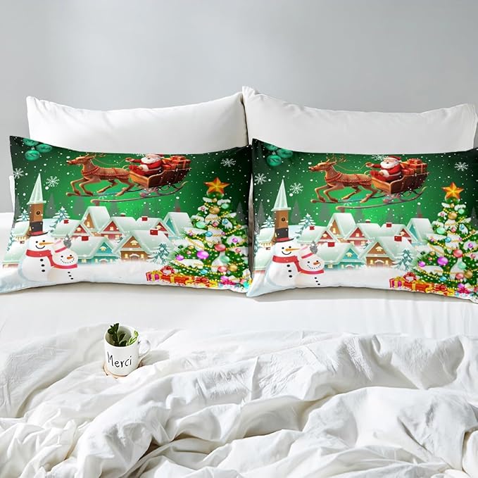 Manfei Christmas Duvet Cover Set Queen Size, Snowman Xmas Tree Comforter Cover with 2 Pillowcases, Santa Claus with Deer Bedding Set for Kids Boys Girls New Year Theme Bedspread Cover, No Comforter