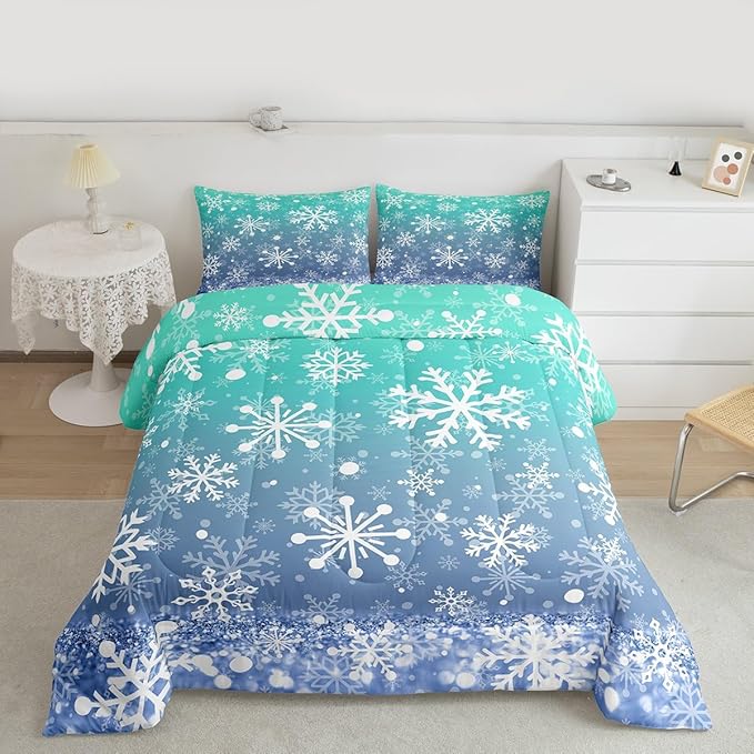 Feelyou Winter Snowflake Kids Comforter Set Twin Size Christmas Bedding Set Winter Holiday Duvet Quilt for Kids Boys Girls Bedroom New Year Decor Microfiber Ultra Soft Breathable