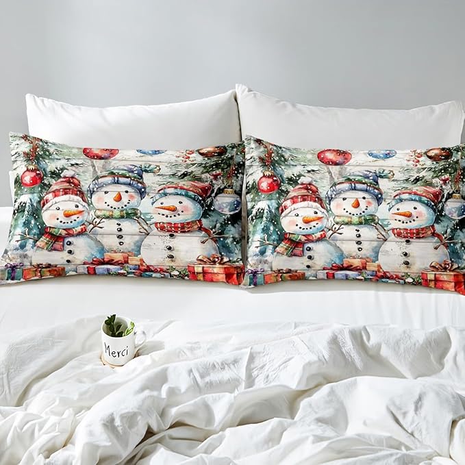 Cartoon Snowman Duvet Cover Set Twin Size,Xmas Tree Winter Snow Merry Christmas Bedding Set,Boys Girls Room Decor,Wooden Plank Rustic Comforter Cover,White Quilt Cover,1 Pillowcase,No Comforter