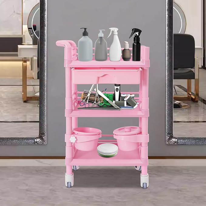 Medical Mobile Trolley Cart with 1 Drawers & 2 Trash Cans, 3 Tiers Portable Beauty Salon Rolling Trolley on Wheels, Medical Mobile Trolley Cart for Hospital Clinic Home, Pink