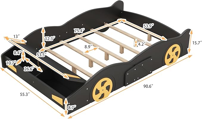 Full Size Car Bed with Storage, Race Car Shaped Bed with Wheels, Wood Car Floor Bed Frame for Teens, Wooden Slats Support, Easy Assembly, Black and Yellow