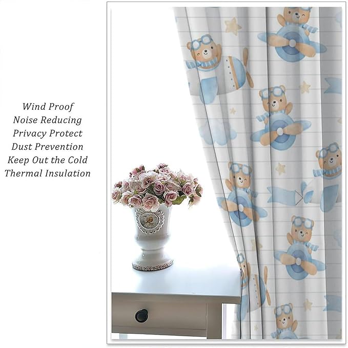 Cartoon Bear Curtains, Lovely Bear Adventure Airplane Blue White Stripe Blackout Window Treatments, Rod Pocket Thermal Insulated Drapes 2 Panel Sets for Kids Bedroom Nursery Classroom, 42"W X 54"L