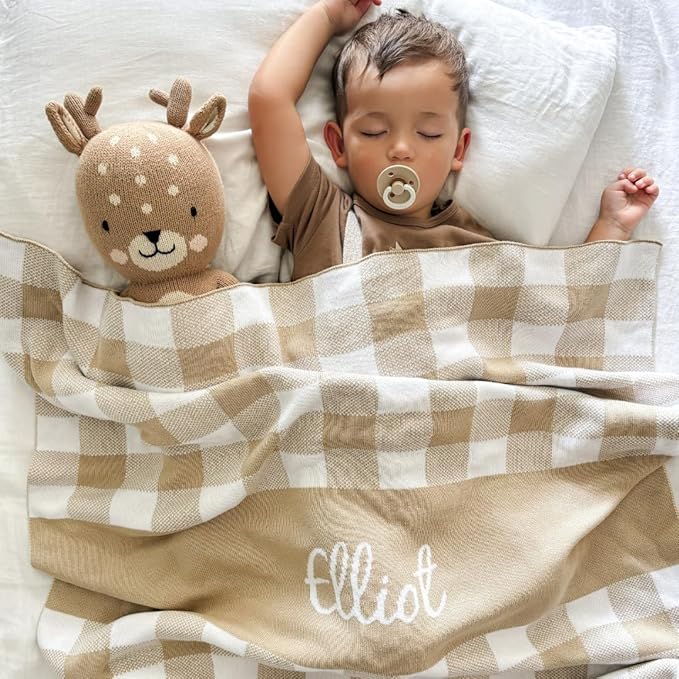 Personalized Gingham Name Blanket – 100% Organic Cotton Customized Baby Blanket, Custom Name, Crib 36x60, Gift for Baby Shower, Birthday Present, Girls and Boys, Toddlers Kids - Made in America