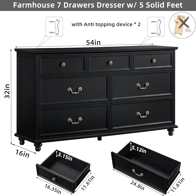 Farmhouse Dresser and Nightstand Sets, Wood 54" Wide Dresser & 24" Night Stand with Charging Station, 2 Piece Bedroom Furniture Set, Chest of Drawers for Bedroom, Home, Living Room, Hallway