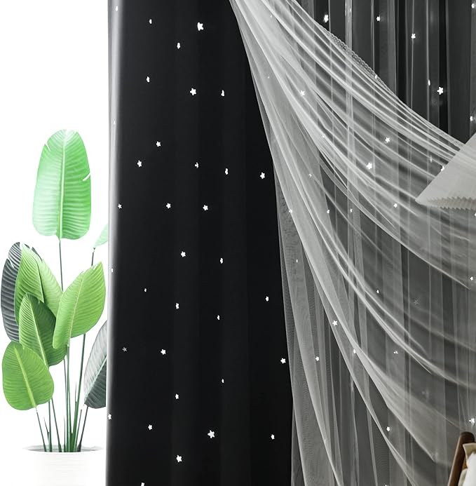 Kinryb Kids Blackout Curtains for Bedroom/Living Room/Classroom, Sheer Overlay 2 Free Tiebacks, Double Layer Curtains with Star Cutout for Kids Room(Each Piece W 70 x L 72 Inches 2 Pcs Black)