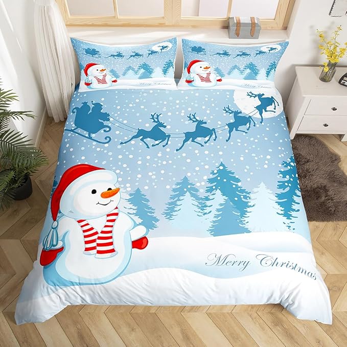 Manfei Snowman Duvet Cover Set King Size, Xmas Deer Trees Print Comforter Cover with 2 Pillowcases, Winter Snowflake Merry Christmas Bedding Set 3pcs for Kids Boys Girls Bedroom Decor,No Comforter