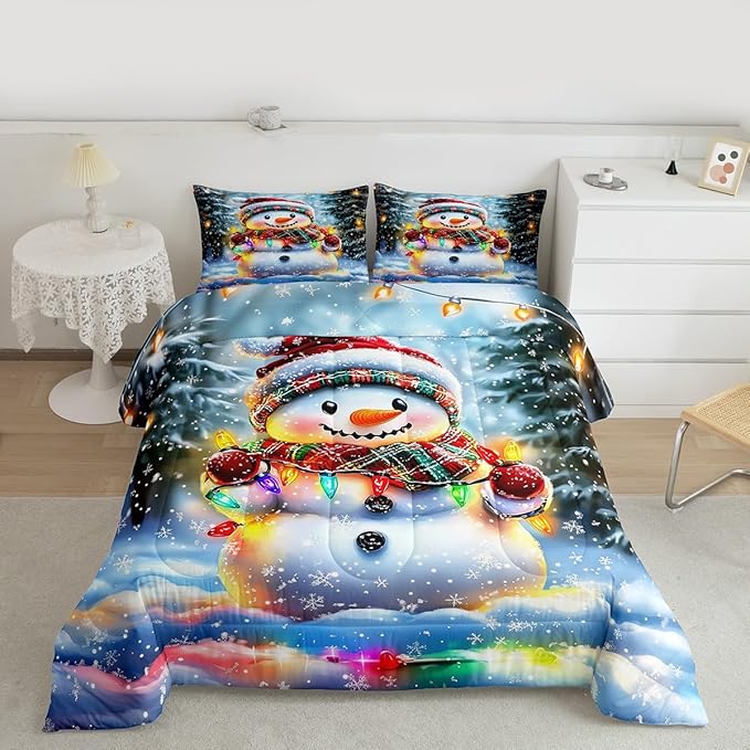 Lovely Snowman Kids Comforter Set Twin Size,Xmas Colorful Lanterns Snowflake Bedding Set Boys Girls Room Decor,Winter Merry Christmas Quilt Comforter,Rainbow Duvet Set Bedroom Quilt Set,1 Pillowcase