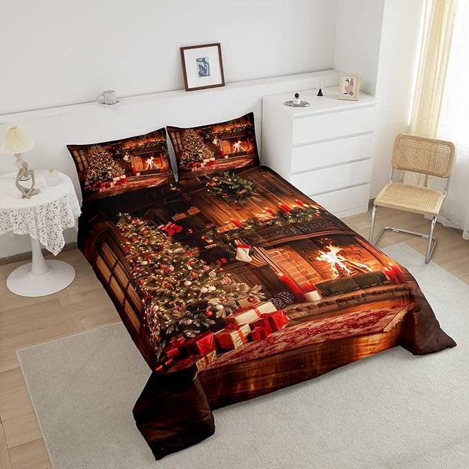 Xmas Theme Comforter Set Queen Size, Vintage Christmas Fireplace Tree Bedding Set for Kids Boys Girls Room Decor, Merry Christmas Duvet Insert 3Pcs, Pine Tree Luxury Quilt Set, 2 Pillowcases