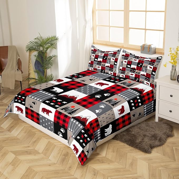 Manfei Christmas Duvet Cover Set Twin Size Cute Bear Tree Print Comforter Cover Geometric Checkered Bedding Set 2pcs for Kids Boys Girls Cartoon Animal Bedspread Cover with 1 Pillowcase,No Comforter