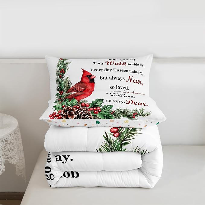 Red Cardinal Girl Bedding Set Twin Size,Christmas Birds Holly Pinecones Comforter Set,Berry Poinsettia Rustic Animal Quilt Comforter Girls Boys Teens,White Red Green Room Decor All Season,1 Pillowcase