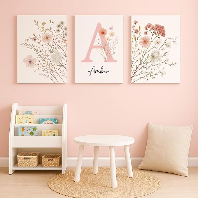 Personalized Girls Nursery Wall Art - Custom Name Pink Floral Butterfly Canvas Print 3pc Framed Wrapped Canvas for Bedroom Living Room Entryway Study Room Initial Wall Decor Baby Shower Birthday Easter Graduation New Year Valentine's Day Gift (20×30cm/...