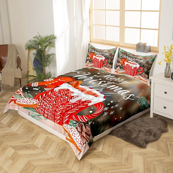 Manfei Christmas Duvet Cover Set King Size, Snowflake Pine Print Comforter Cover with 2 Pillowcases, New Year Theme Bedding Set 3pcs for Kids Boys Girls Bedroom Decor,No Comforter