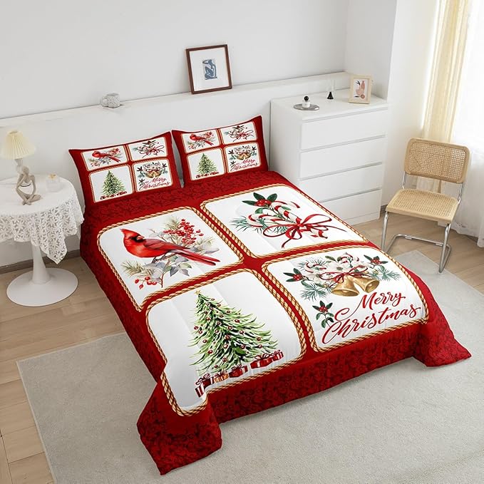 Christmas Plaid Full Size Comforter Set,Berries Cardinals Xmas Pine Print Bedding Comforters Bedroom Collection,Floral Bells Red Lace Patchwork Bedding Set for Girls Teens