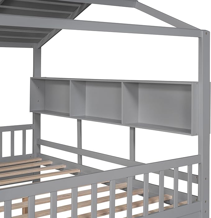 Modern Full Size House Bed with Roof and Window, Wooden Daybed Frame with Shelves and 2 Drawers,Bedroom Furniture for Girls & Boys (Gray+2 Drawers*)