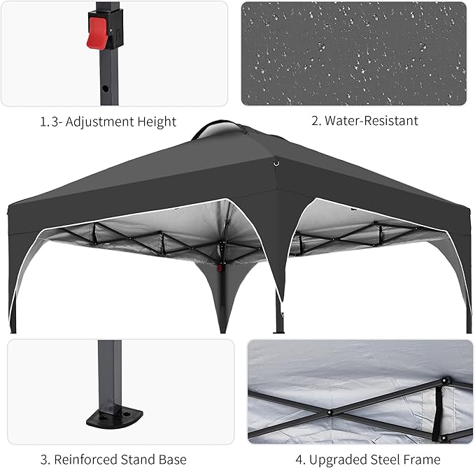 GDY 10x10 Pop Up Canopy Tent, Easy-Setup Gazebo, Outdoor Canopy with 3 Adjustable Heights for Events, Parties, Camping, Black.
