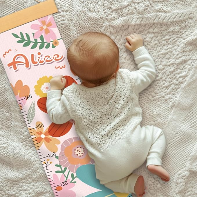 Personalized Name Growth Chart for Wall, Painted Flowers Canvas Height Chart for Kids Baby Child Toddler, Canvas Growth Chart for Wall Nursery Decor, Hangable & Waterproof