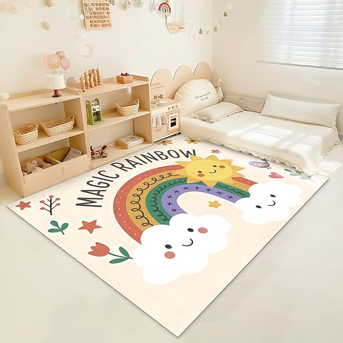 Rainbow Sun Pattern Soft Girls Area Rug for Kids Room Washable Artificial Wool Bedroom Living Room, Funny Carpet Non-Slip Outdoor Indoor Floor Carpet Home Decor, 5'x7'