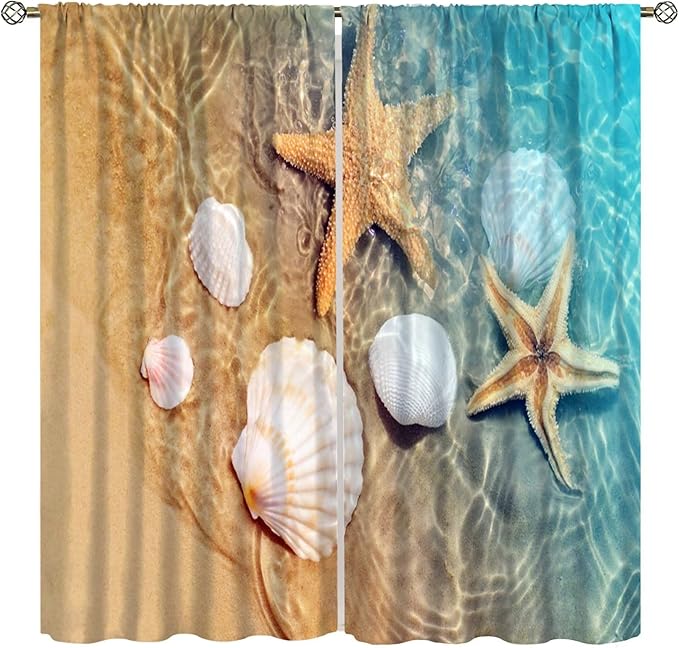 Beach Curtain for Bathroom Decor，Sea Turtle Starfish Seashell Nautical Ocean Coastal Scenery Art Printed Fabric Polyester Waterproof Set 2 Panels,55x63 Inches