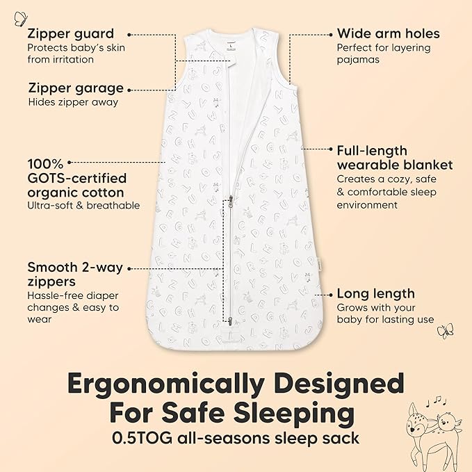2-Pack Baby Sleep Sacks,Zipper Wearable Blanket-0.5TOG Organic Cotton,Lightweight, Soft Cozy Toddler Sleeping Sack 6-12 months, Easy to Wear Large Newborn Transition Swaddles Sleepsacks (ABC Land Sky)