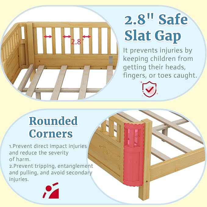 Twin Kids Platform Bed Frame with Rails, Wood Low Montessori Bed with Slats Support, Modern Daybed with Detachable Side Rails, Kids Beds for Boys Girls Bedroom, Natural