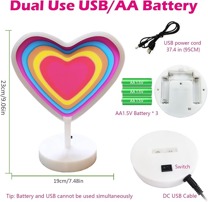 Pink Heart Neon Sign - USB & Battery Powered Button Control Valentine Gift Bedroom Decor Heart Light Up Sign Proposal Decoration Valentine's Day Gift for Her Bedroom Romantic Decor