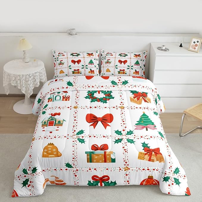 Feelyou Christmas Decor Kids Comforter Set Twin Size Red Bowknot Bedding Set New Year Gift Duvet Quilt for Kids Boys Girls Bedroom Happy New Year Decor Microfiber Ultra Soft Breathable